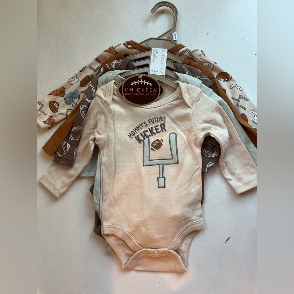 chick pea Football Bodysuit Onesie 4 Piece Set - Cream, Brown, and Gray